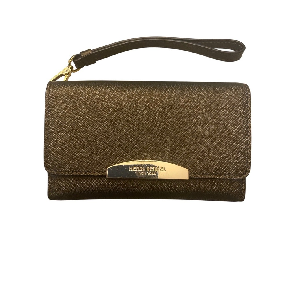⁠Henri Bendel Bronze Metallic Saffiano Leather Trifold Wristlet Wallet Clutch